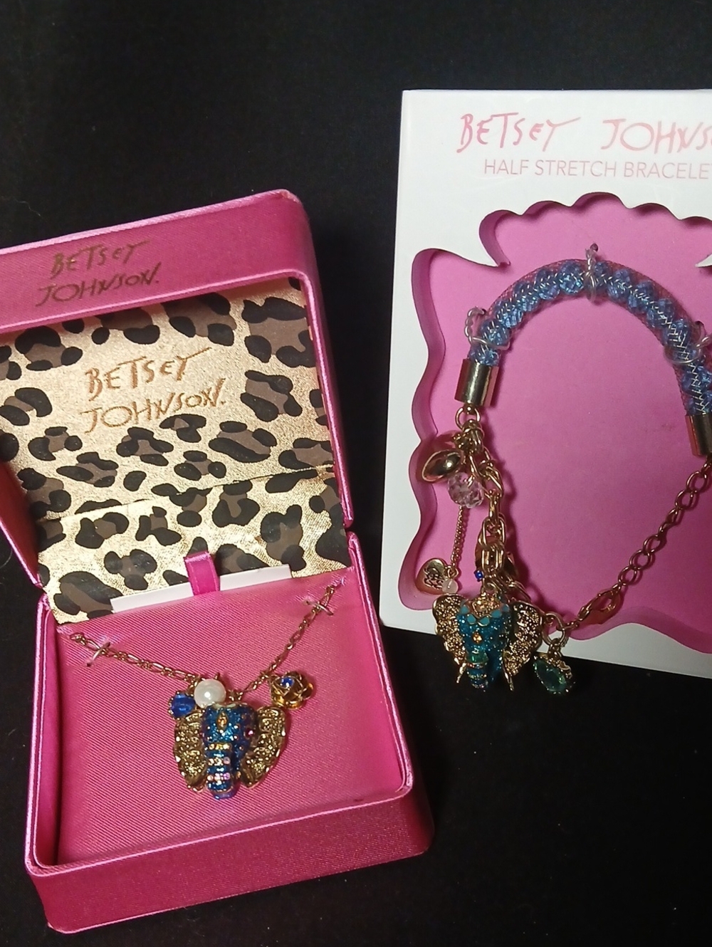 Betsey Johnson VINTAGE Blue & Gold Elephant Necklace with Matching Bracelet